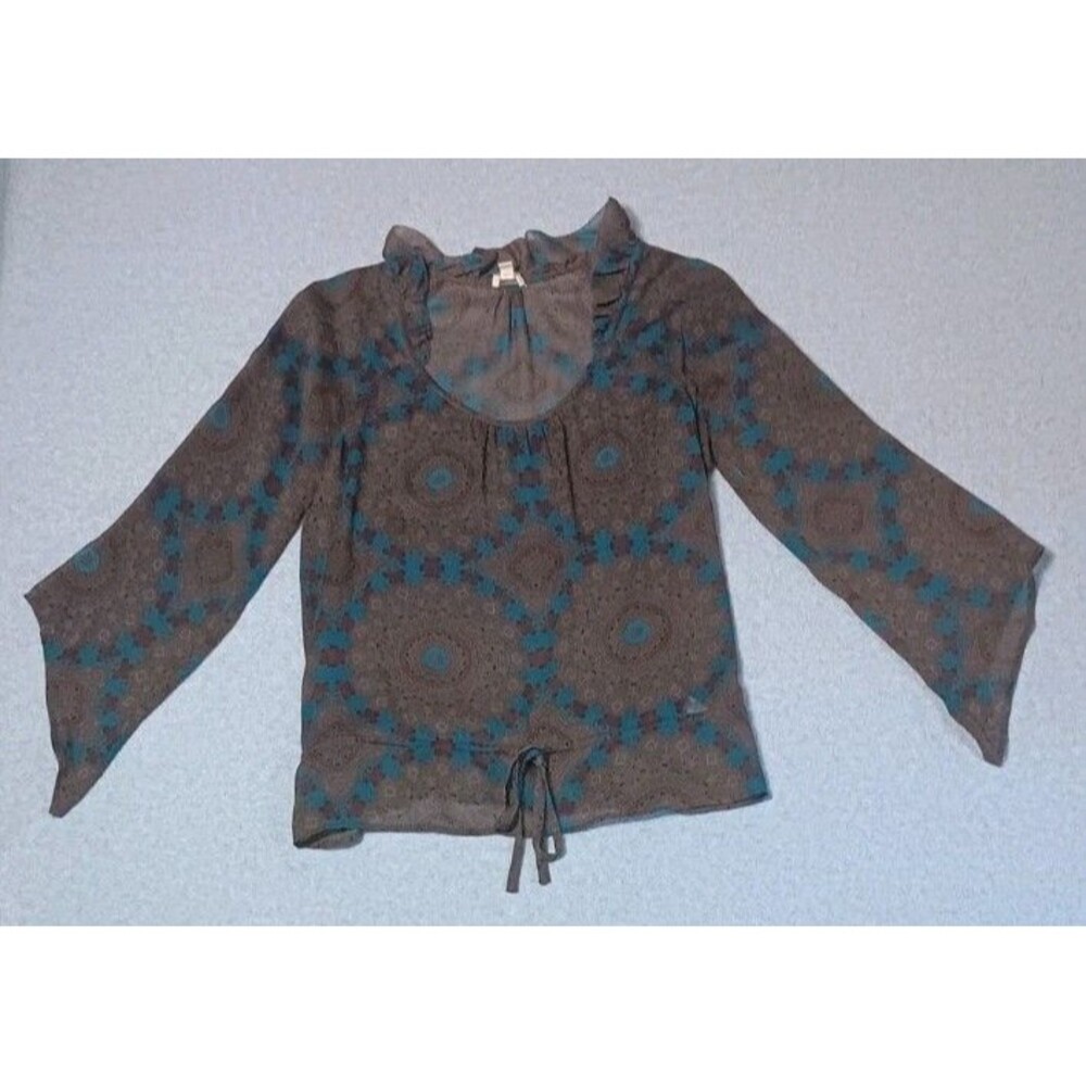 VTG Y2K Hinge Silk Sheer Bell Sleeve Blouse S Brown Medallion Fairycore Boho